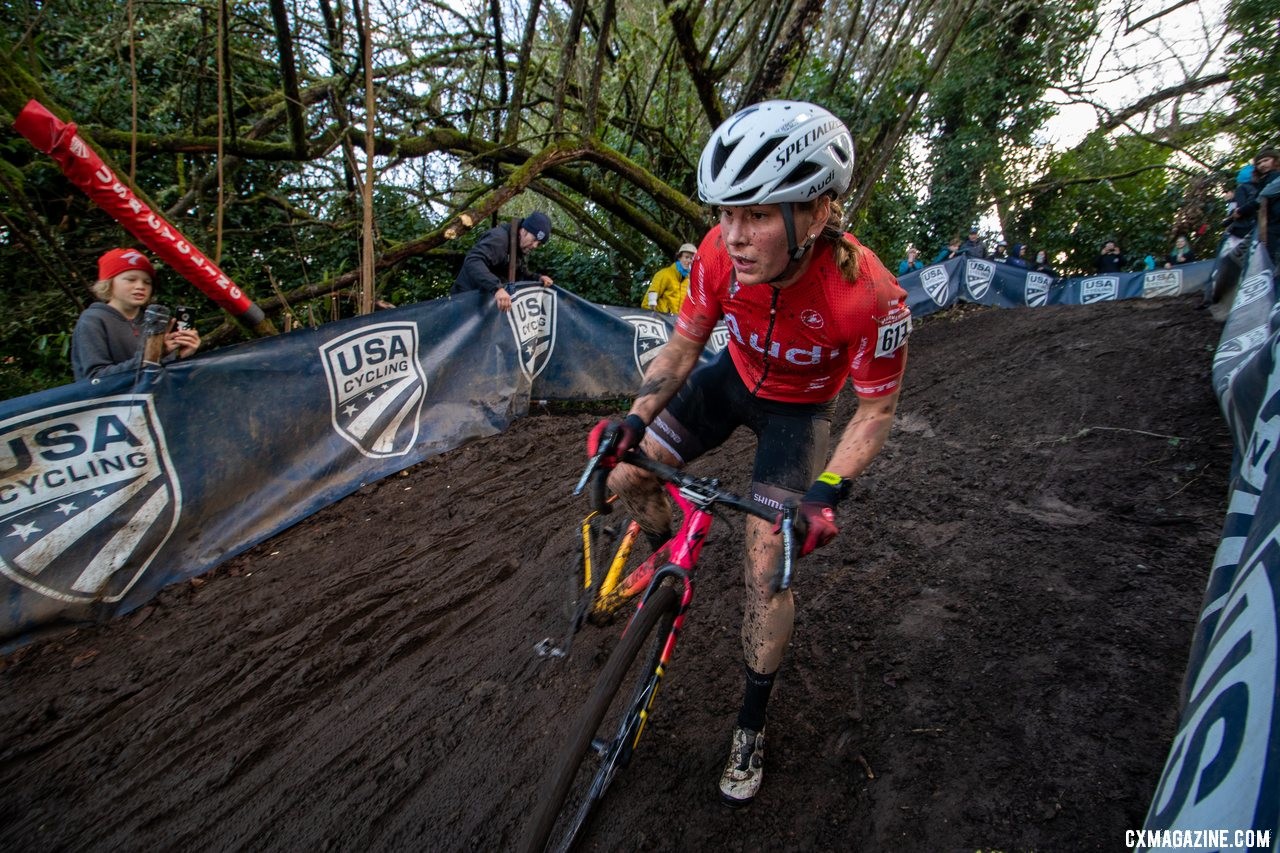 Laura Matsen Ko recovers after a spin on one of the steep drops. Masters Women 35-39. 2019 Cyclocross National Championships, Lakewood, WA. © A. Yee / Cyclocross Magazine