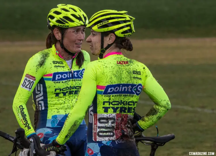 Alexandra Burton and Jenna Lingwood discuss their top-ten finishes after the race. Masters Women 35-39. 2019 Cyclocross National Championships, Lakewood, WA. © A. Yee / Cyclocross Magazine