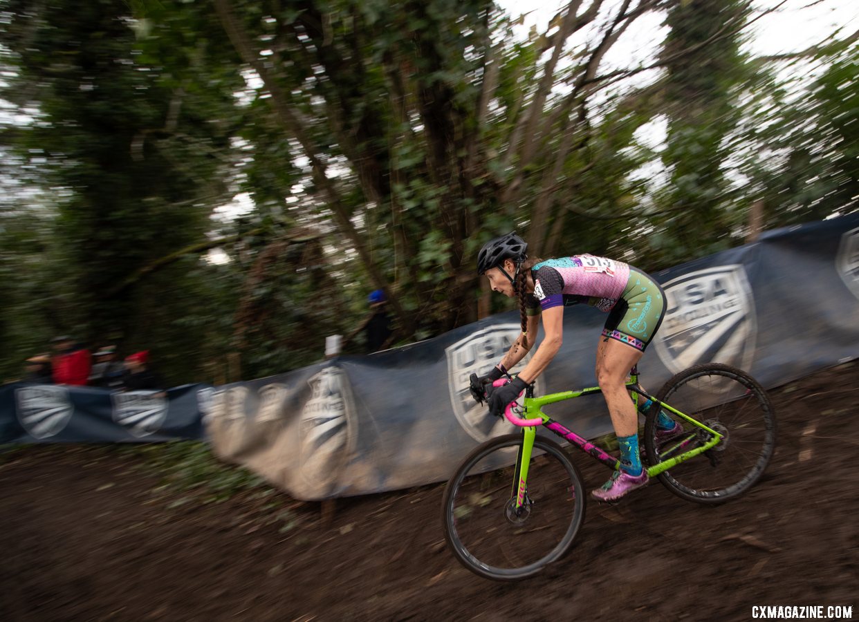 Diana Sjol drops into the tricky disco descent. Masters Women 40-44. 2019 Cyclocross National Championships, Lakewood, WA. © A. Yee / Cyclocross Magazine