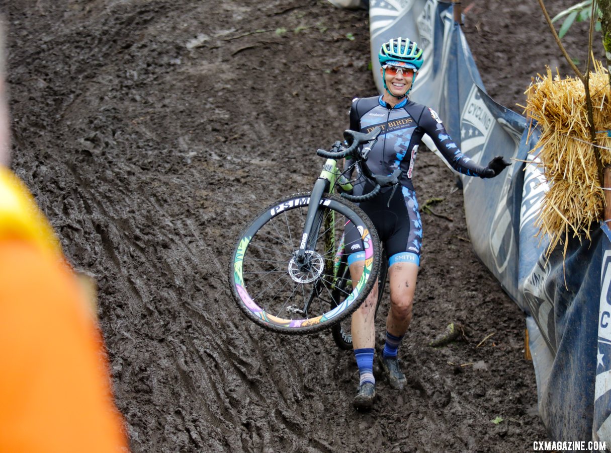 Sometimes you can walk and be happy about it. Masters Women 45-49. 2019 Cyclocross National Championships, Lakewood, WA. © D. Mable / Cyclocross Magazine