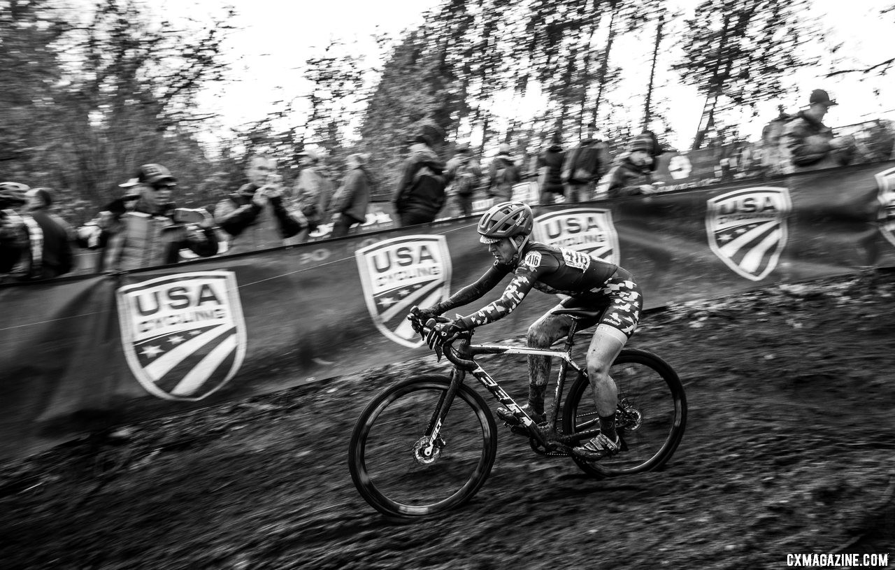 Knees wide and weight back for stability, Marila Alvares slips down the muddy chicane descent. Masters Women 45-49. 2019 Cyclocross National Championships, Lakewood, WA. © A. Yee / Cyclocross Magazine