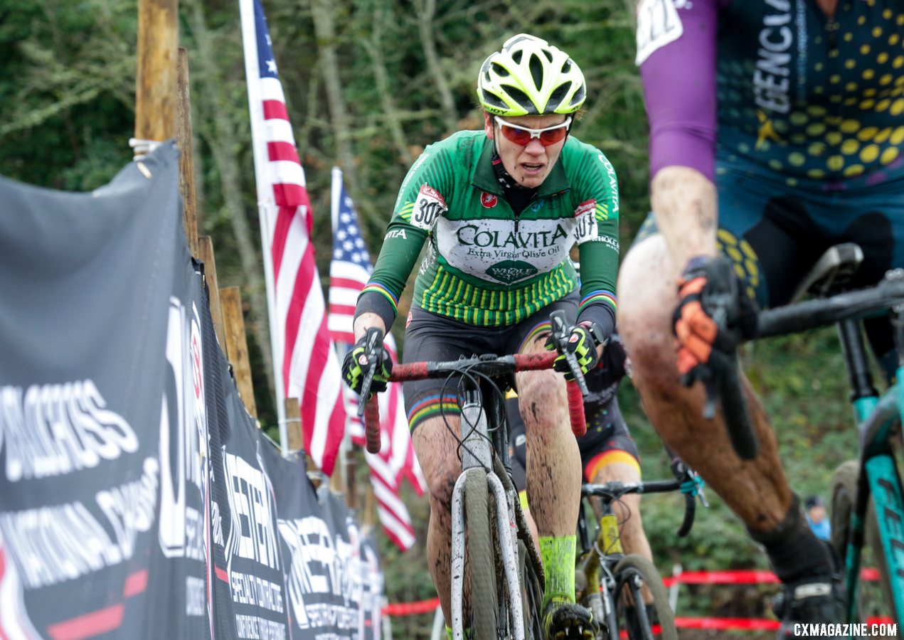 Katrina Dowidchuk works her way through the sand that is raked between each race to keep it loose and challenging. Masters Women 50-54. 2019 Cyclocross National Championships, Lakewood, WA. © D. Mable / Cyclocross Magazine