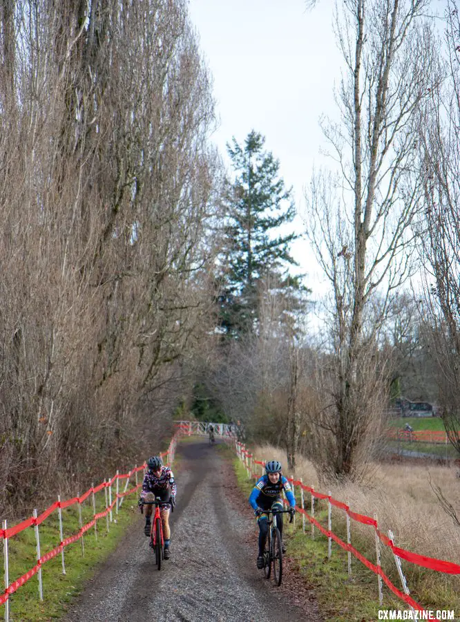 Riders seem to enjoy the short break from the mud on this gravel section. Masters Women 50-54. 2019 Cyclocross National Championships, Lakewood, WA. © A. Yee / Cyclocross Magazine