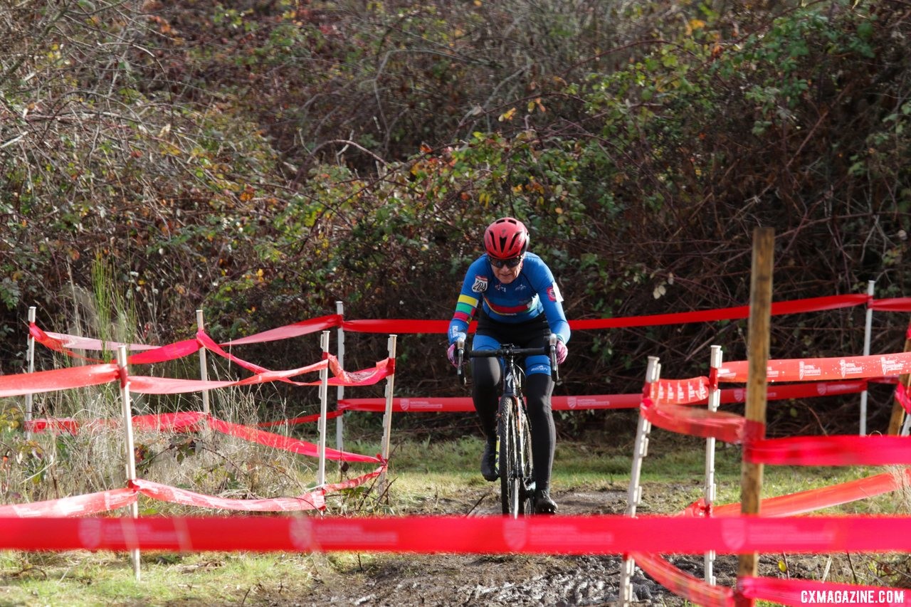 Marit Sheffield found herself in the role of chaser late in the first lap of her race. Masters Women 55-59. 2019 Cyclocross National Championships, Lakewood, WA. © D. Mable / Cyclocross Magazine