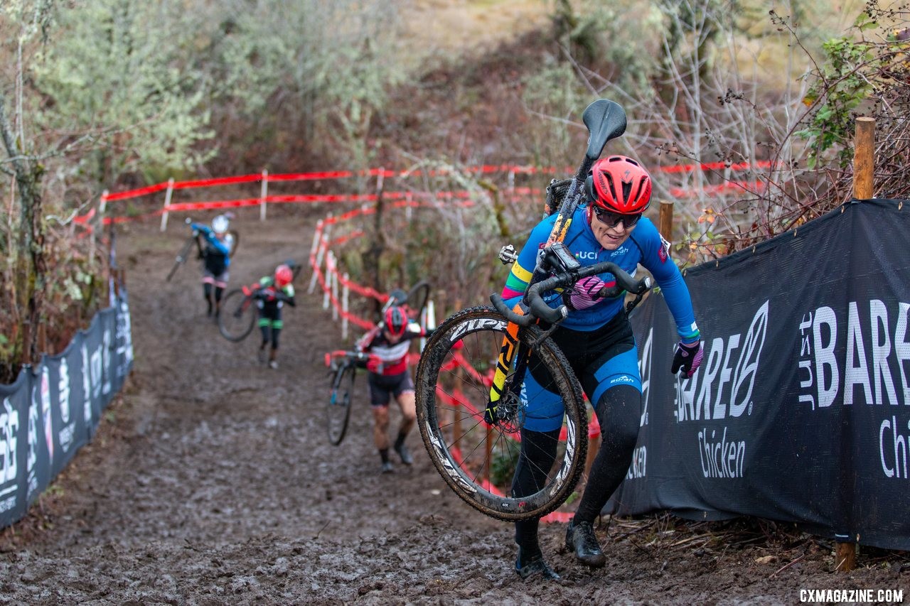 Wearing her PanAm Champion jersey, Merit Sheffield leads a small group up the second climb on the first lap of the Masters Women 55-59 race. Masters Women 55-59. 2019 Cyclocross National Championships, Lakewood, WA. © A. Yee / Cyclocross Magazine