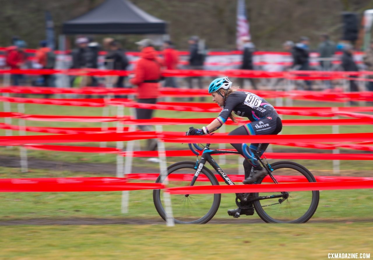 This is an actual race photo of the actual Singlespeed race. Marila Alvares rips through a sea of course tape. Singlespeed Women. 2019 Cyclocross National Championships, Lakewood, WA. © A. Yee / Cyclocross Magazine