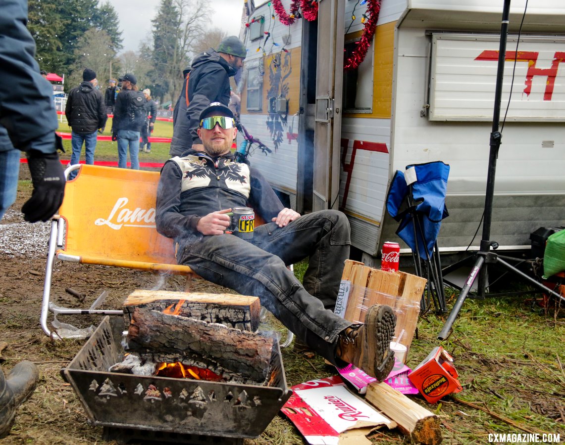 Brian "Sally" Fornes chills at the Hodala camper. U23 Men. 2019 Cyclocross National Championships, Lakewood, WA. © D. Mable / Cyclocross Magazine