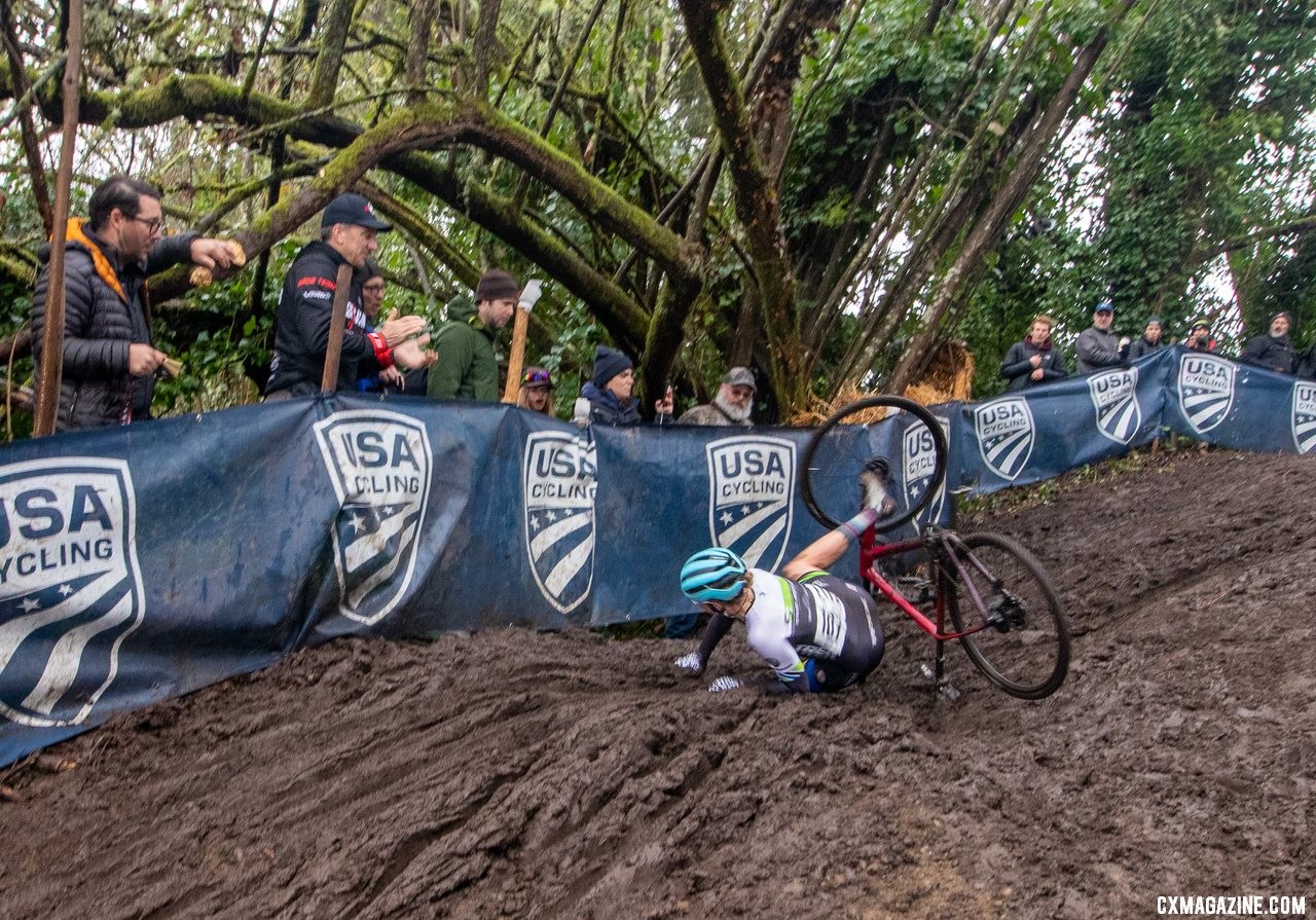 Katja Freeburn was the latest victim of the Disco drop descent. She was able to recover and finish fourth. U23 Women. 2019 Cyclocross National Championships, Lakewood, WA. © A. Yee / Cyclocross Magazine