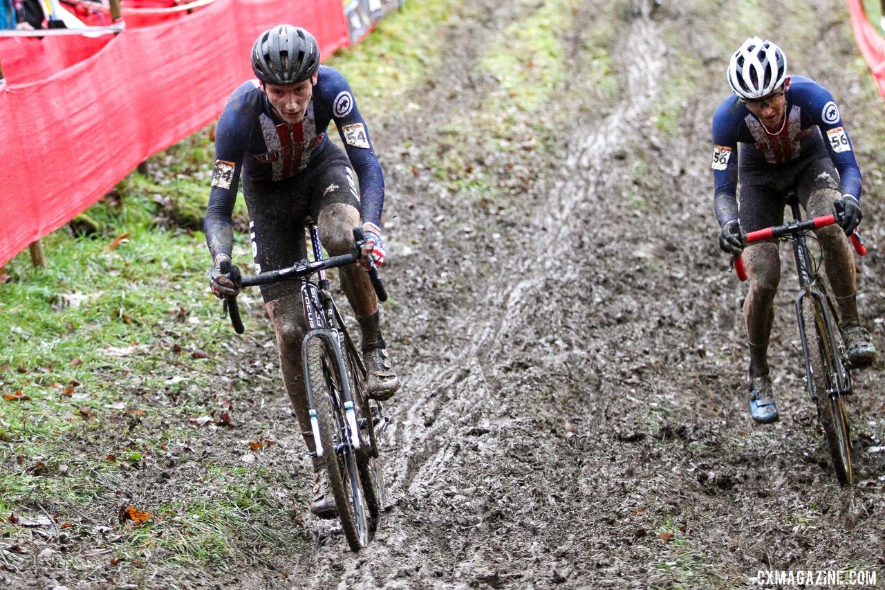 Nick Carter works to keep his line on the rutted off-camber. Junior Men, 2019 Namur UCI Cyclocross World Cup. © B. Hazen / Cyclocross Magazine