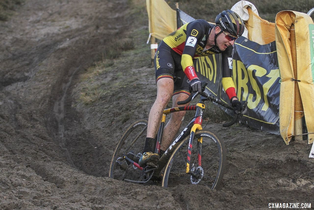 Toon Aerts commits to the rut. A very deep rut. 2019 Superprestige Zonhoven. © B. Hazen / Cyclocross Magazine