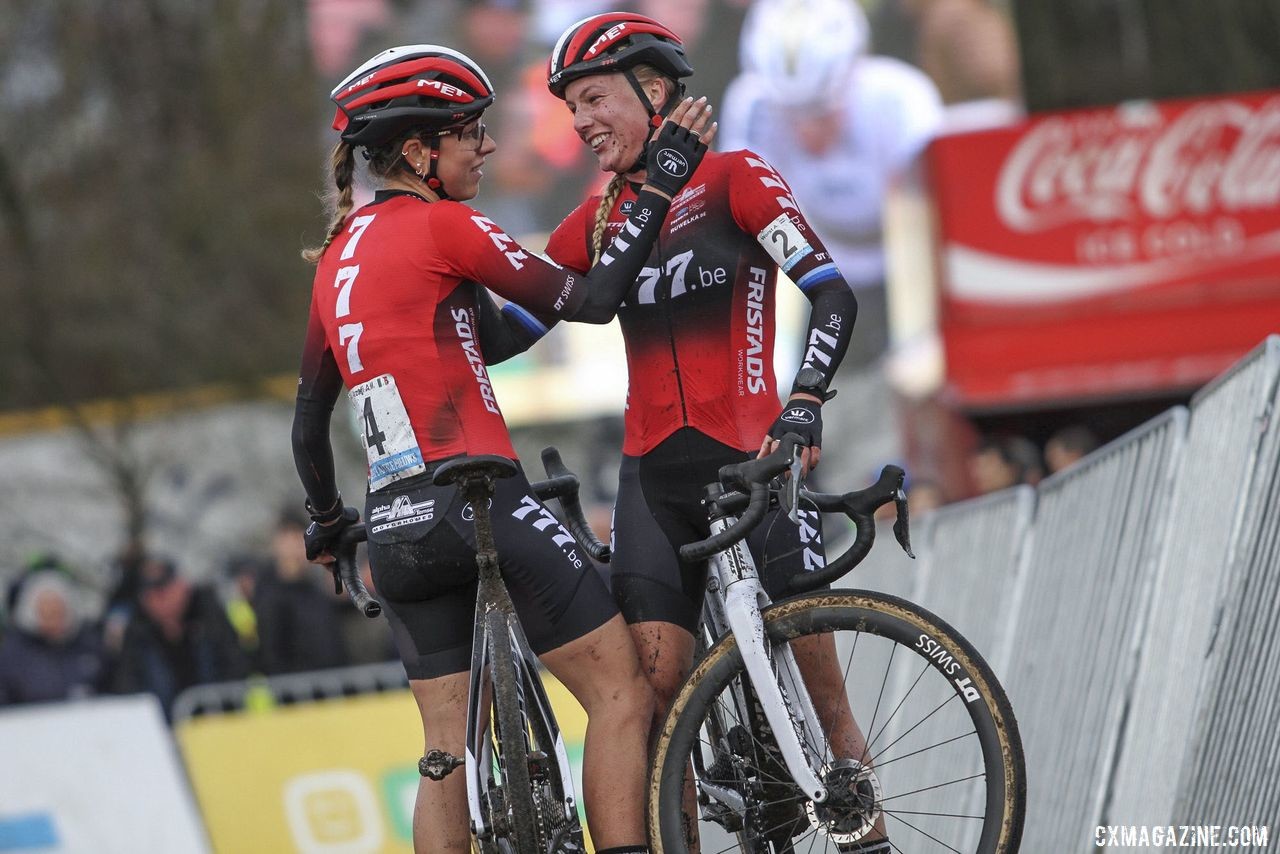 Alice Maria Arzuffi congratulates her teammate on her win. 2019 Superprestige Zonhoven. © B. Hazen / Cyclocross Magazine