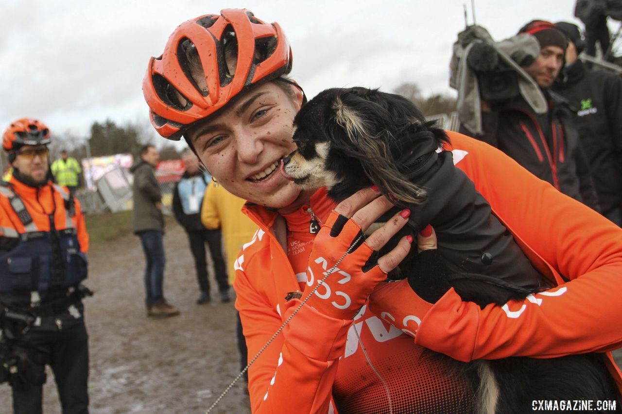 Wide-angle podium puppies for Inge van der Heijden. 2019 Superprestige Zonhoven. © B. Hazen / Cyclocross Magazine