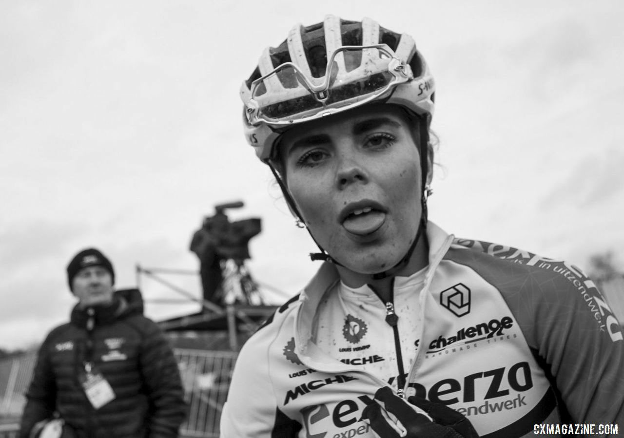 Anna Kay shows the effects of a tough day in De Kuil. 2019 Superprestige Zonhoven. © B. Hazen / Cyclocross Magazine