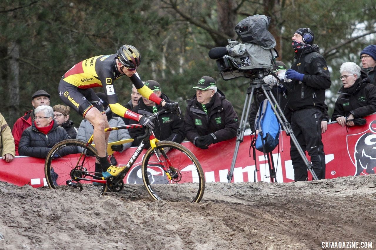 Toon Aerts got a solo lead midway through the race and held it until Laurens Sweeck bridged up. 2019 Superprestige Zonhoven. © B. Hazen / Cyclocross Magazine