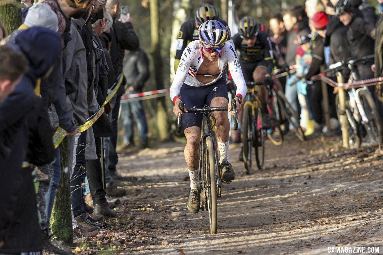 Tom Pidcock was aggressive early on and moved to the front about midway through the race. 2019 Superprestige Zonhoven. © B. Hazen / Cyclocross Magazine