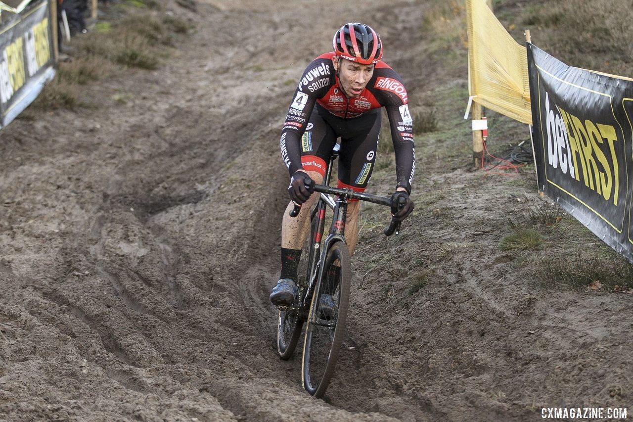 Laurens Sweeck bridged up to Toon Aerts and then finished second after a crash. 2019 Superprestige Zonhoven. © B. Hazen / Cyclocross Magazine