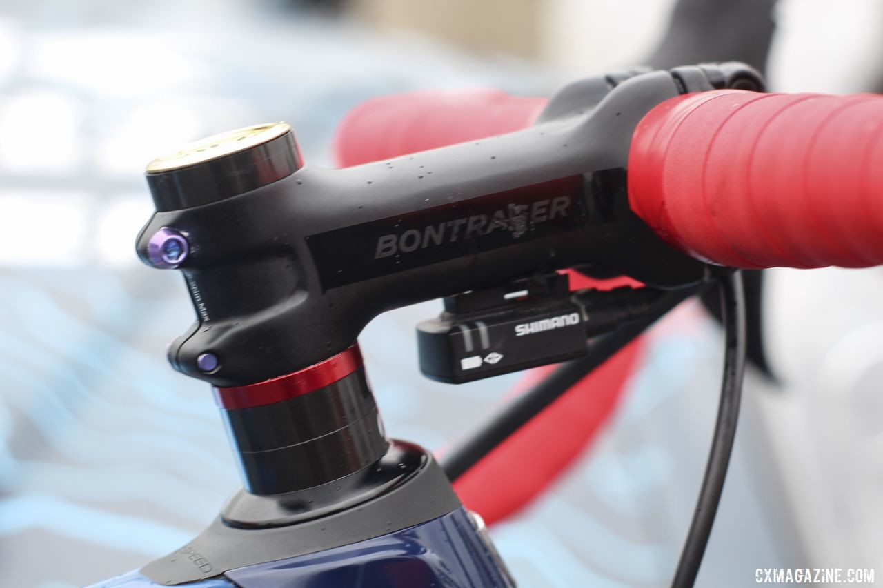 Compton holds her handlebar with a Bontrager XXX Blendr stem set relatively high up with 2.5cm of spacers Katie Compton's 2019 Trek Boone. © Z. Schuster / Cyclocross Magazine