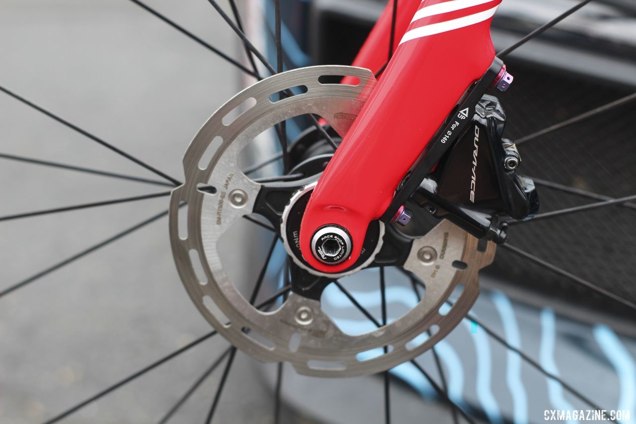 Compton runs bolt-on thru-axles in the front. Her 2019 bike features the latest Dura-Ace R9170 calipers. Katie Compton's 2019 Trek Boone. © Z. Schuster / Cyclocross Magazine