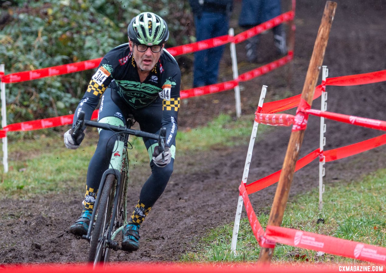 Paul Sadoff of Rock Lobster missed his somewhat annual race with framebuilder Richard Sachs, but still battled hard to meet his goal of finishing on the lead lap. Masters Men 65-69. 2019 Cyclocross National Championships, Lakewood, WA. © A. Yee / Cyclocross Magazine