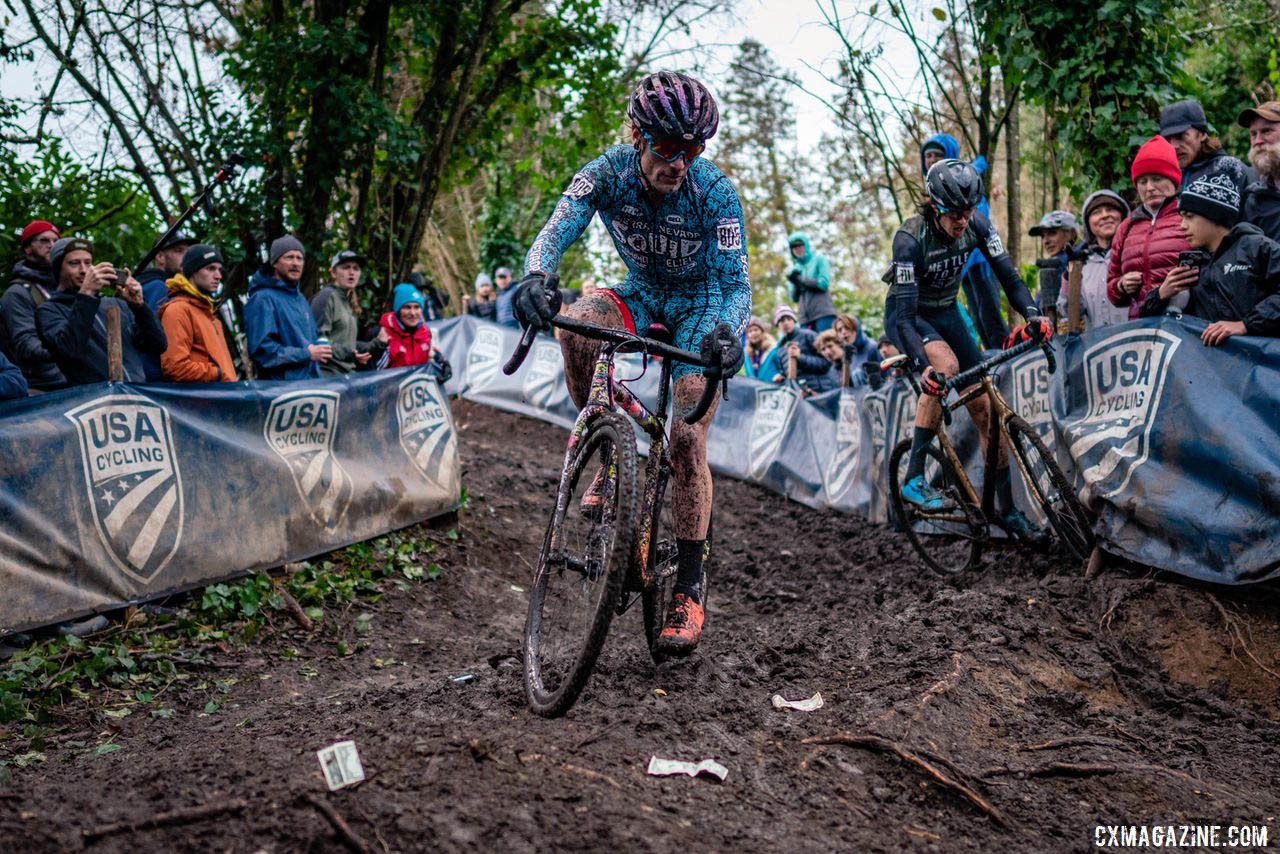 Anthony Clark came from deep in the start grid to grind his way to a second place finish less than 30 seconds behind Singlespeed winner Jake Wells. 2019 Lakewood U.S. Cyclocross Nationals. © Drew Coleman
