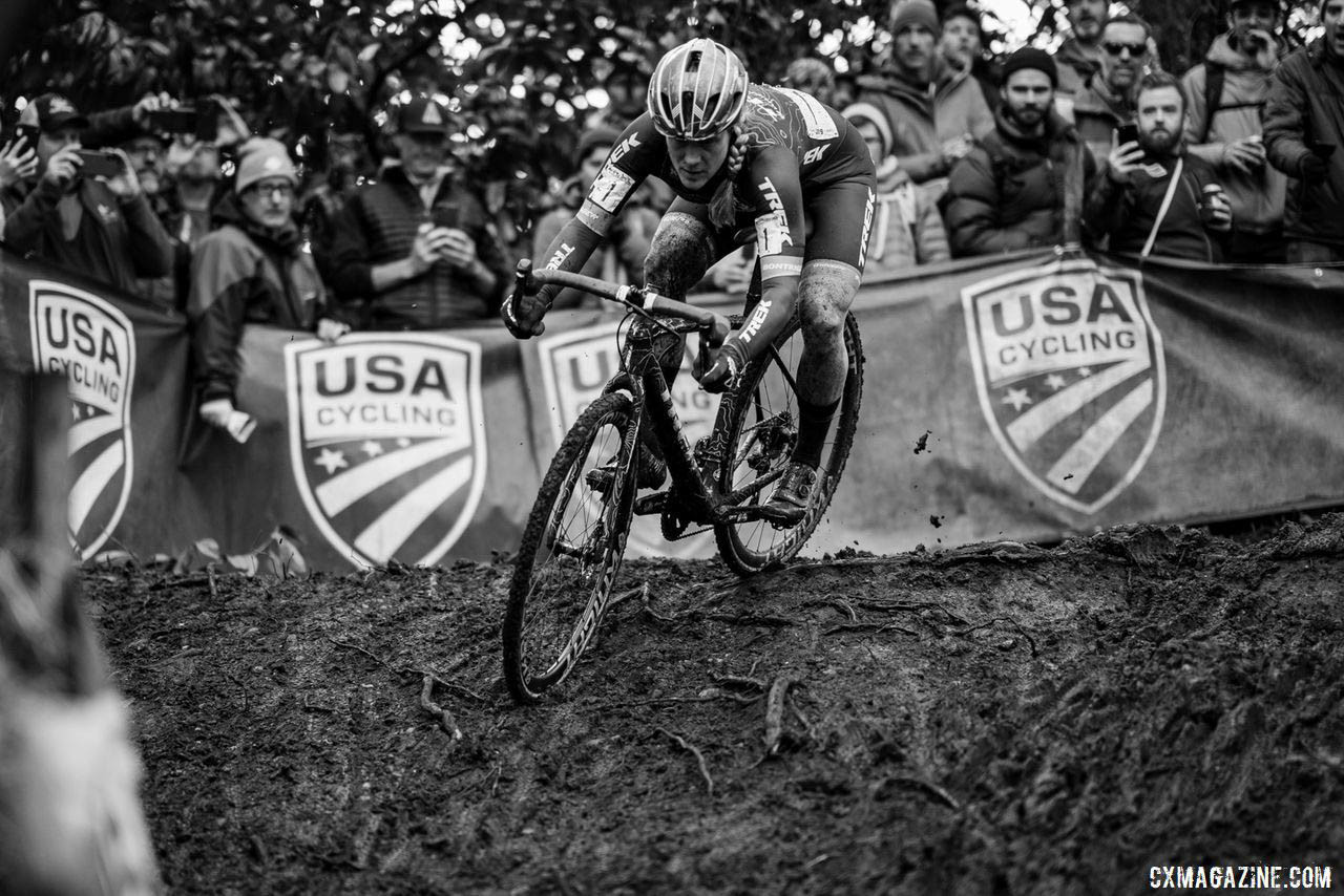 Muddy descents are a strength of the 15 time national champion. Here, Compton puts on a clinic for the fans - drops, not tops for the steep stuff. 2019 Lakewood U.S. Cyclocross Nationals. © Drew Coleman