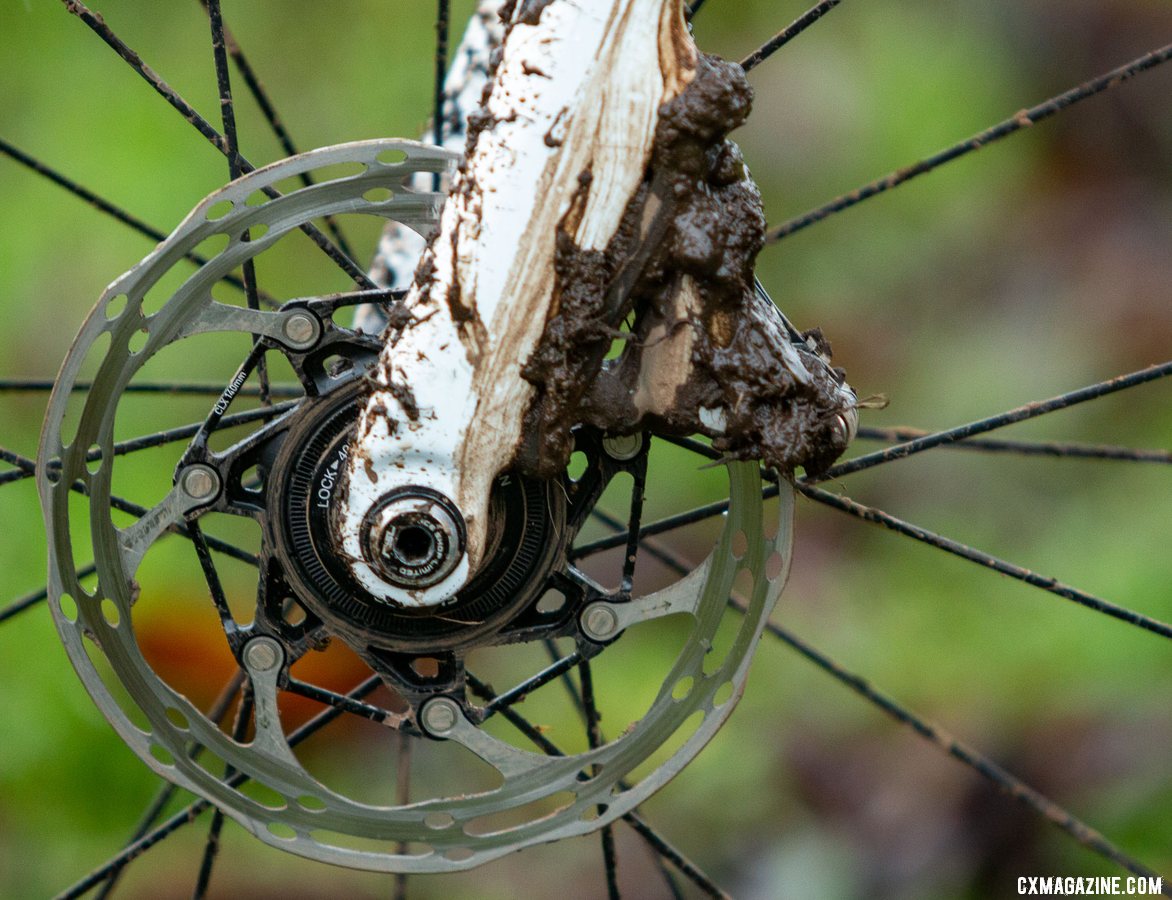 The Boone's carbon fork is flat mount disc. Swartz ran Force HRD calipers. Caleb Swartz's Lakewood Nationals Collegiate Varsity Trek Boone. © A. Yee / Cyclocross Magazine