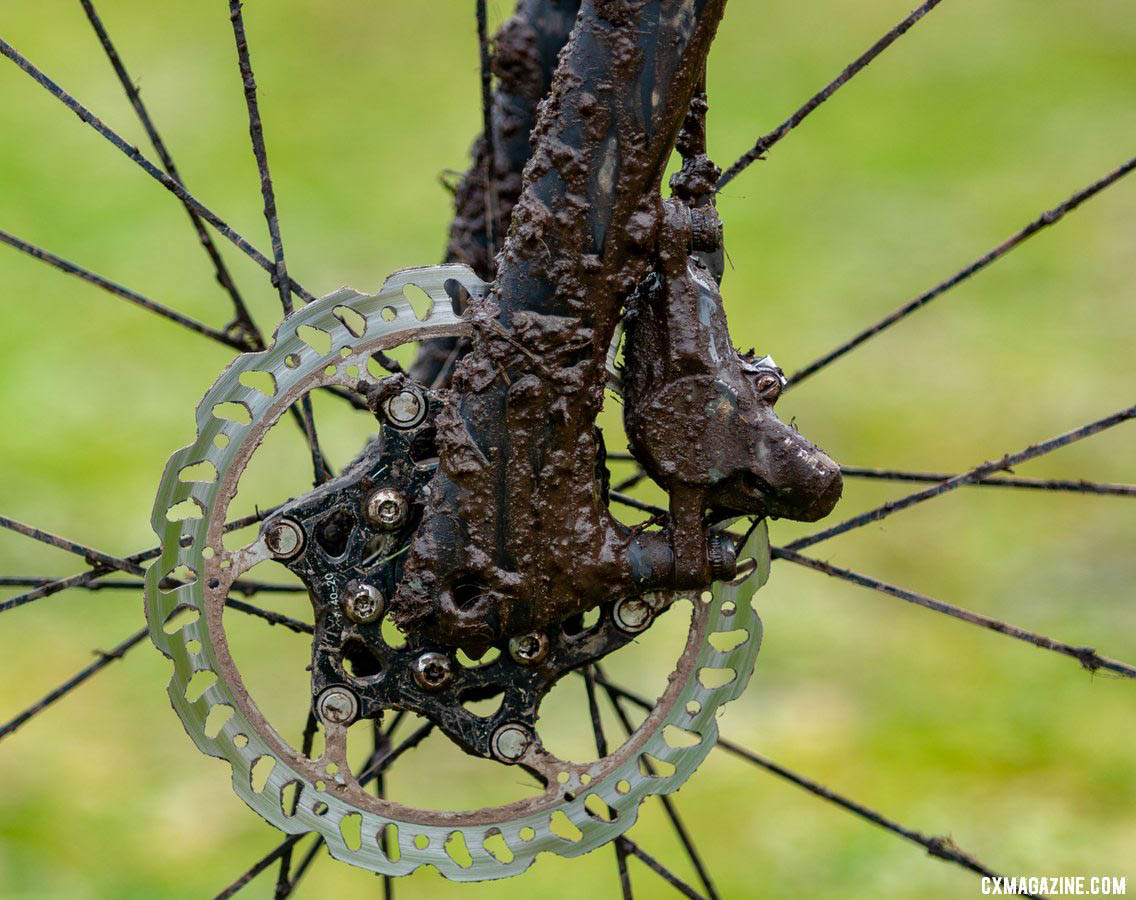 Post-mounted calipers secure the brake calipers on the Sage PDXCX. Jack Spranger's Jr 15-16 winning Sage PDXCX cyclocross bike. 2019 Cyclocross National Championships, Lakewood, WA. © A. Yee / Cyclocross Magazine