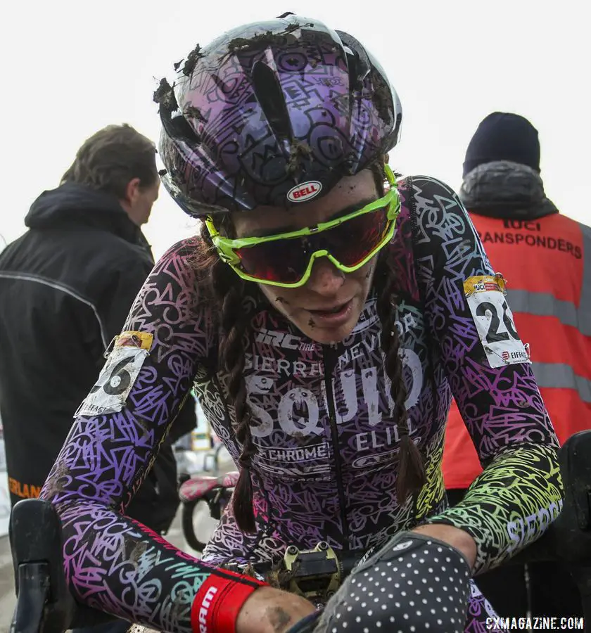 Sammi Runnels feeling those post-race vibes. 2020 World Cup Nommay, France. © B. Hazen / Cyclocross Magazine