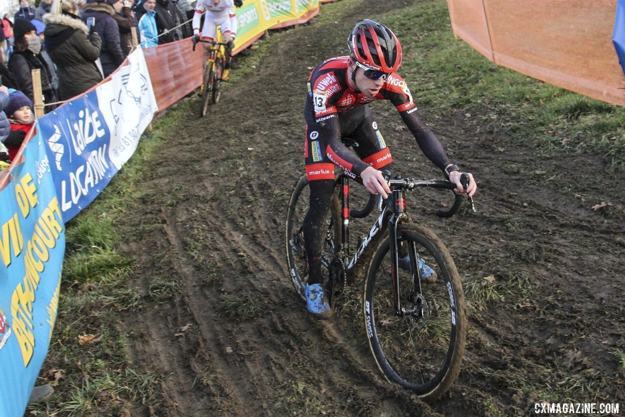 Eli Iserbut and Toon Aerts battled for position until the last corner. 2020 World Cup Nommay, France. © B. Hazen / Cyclocross Magazine