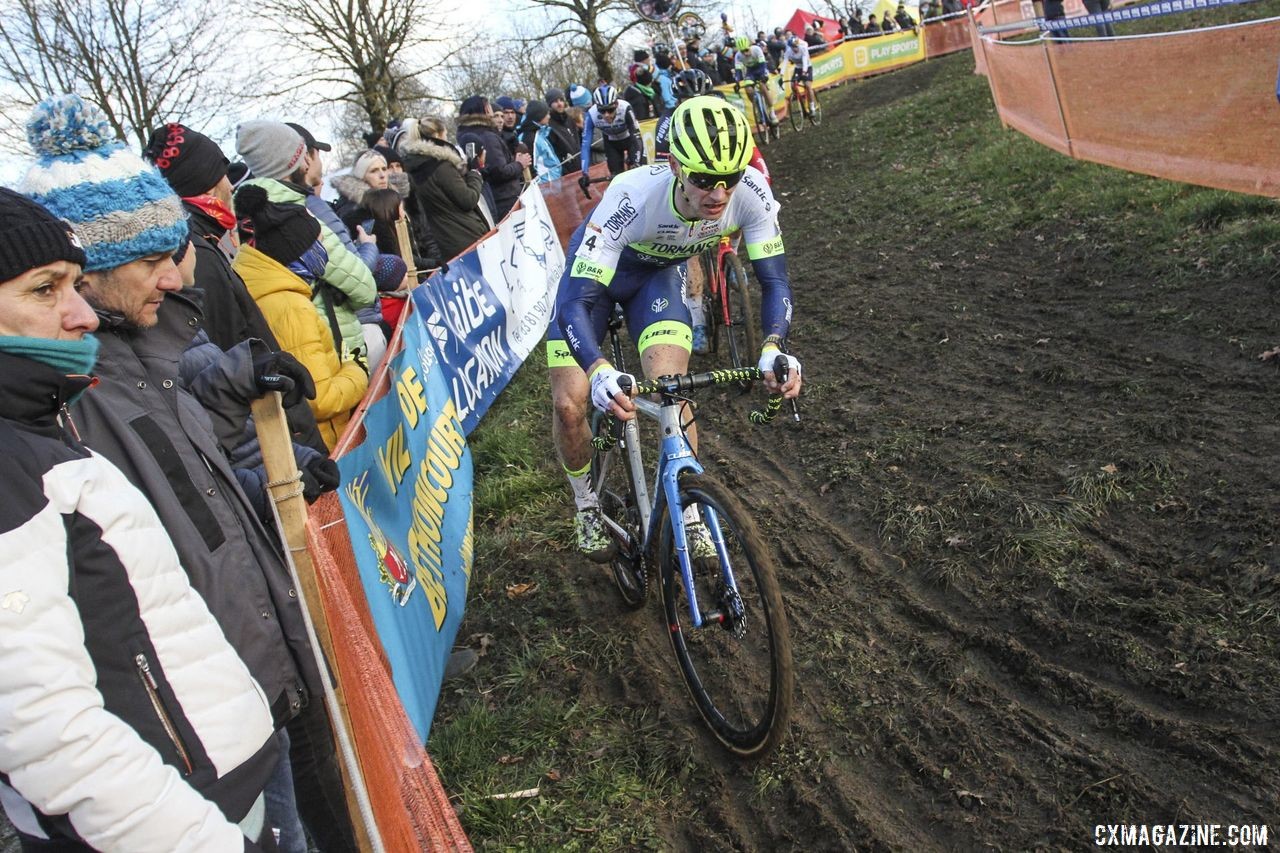 With the frost melting, conditions were slick during the afternoon races. 2020 World Cup Nommay, France. © B. Hazen / Cyclocross Magazine