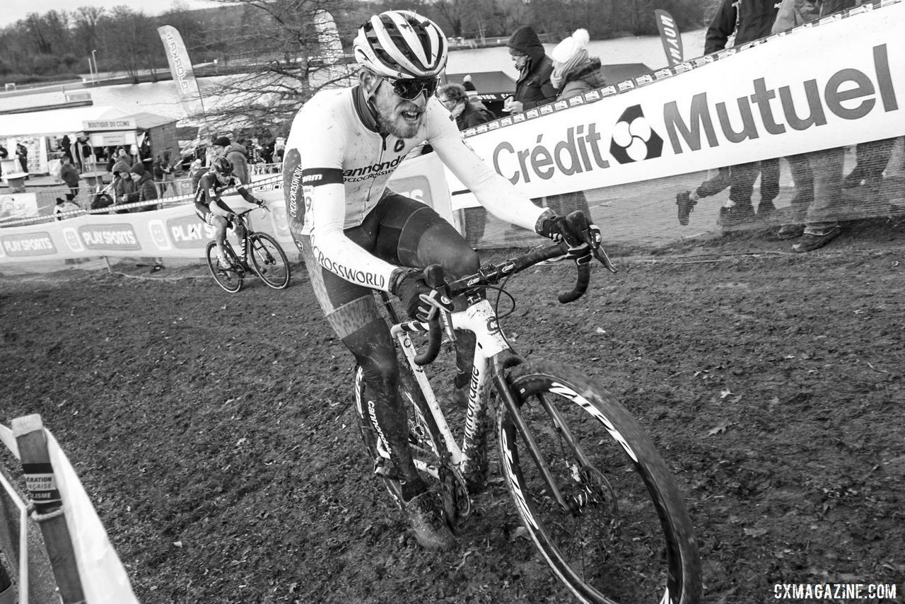 Stephen Hyde looks for traction on one of the steep climbs. 2020 World Cup Nommay, France. © B. Hazen / Cyclocross Magazine