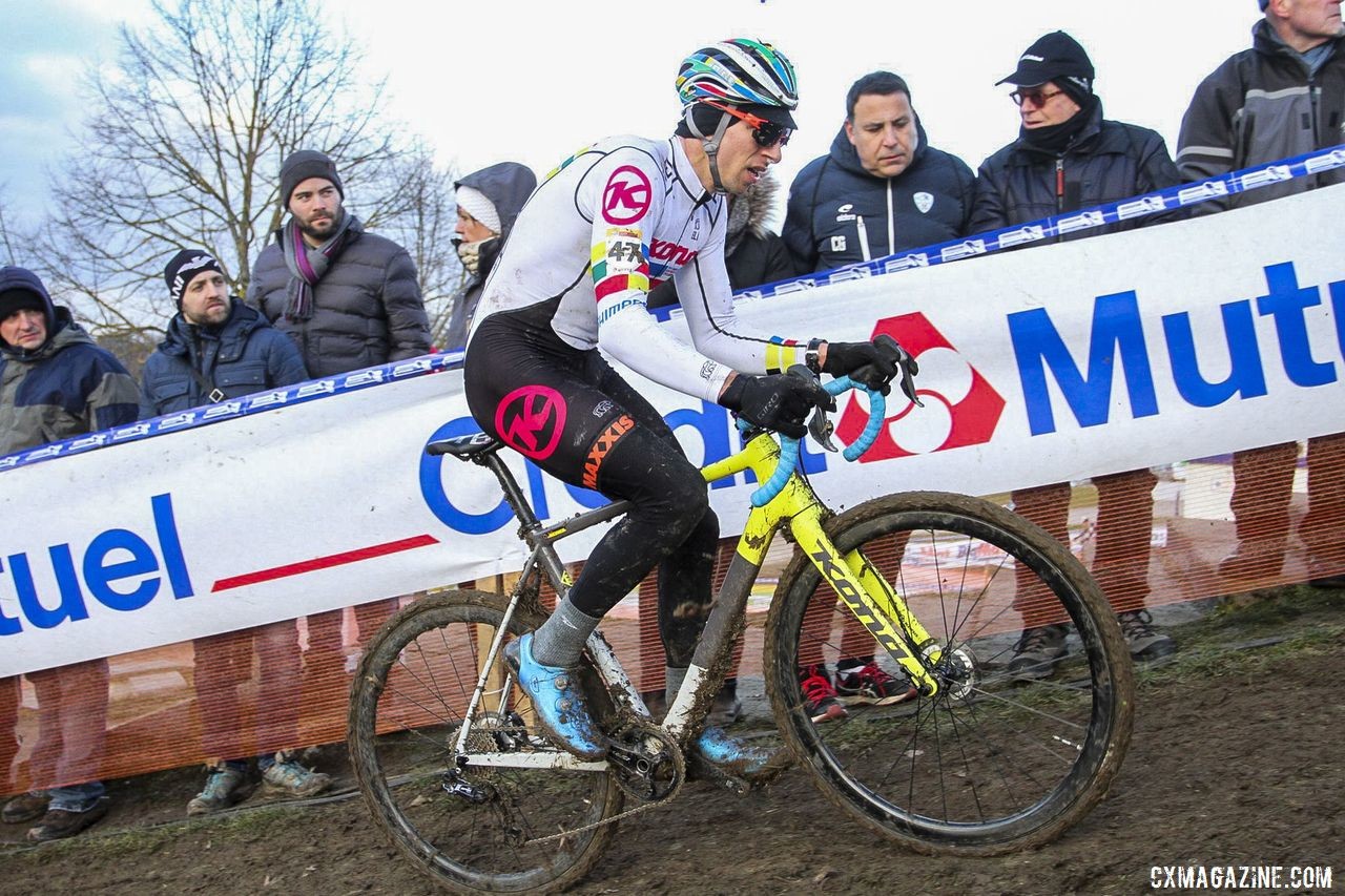 Kerry Werner rides one of the slick hills. 2020 World Cup Nommay, France. © B. Hazen / Cyclocross Magazine