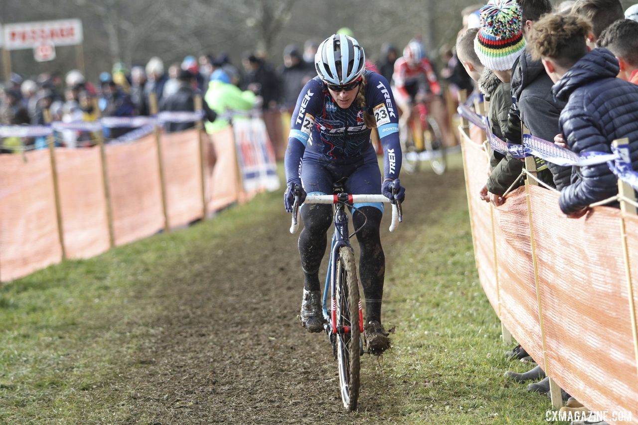 Katie Compton powered back to the front to join the leaders with two laps to go. 2020 World Cup Nommay, France. © B. Hazen / Cyclocross Magazine