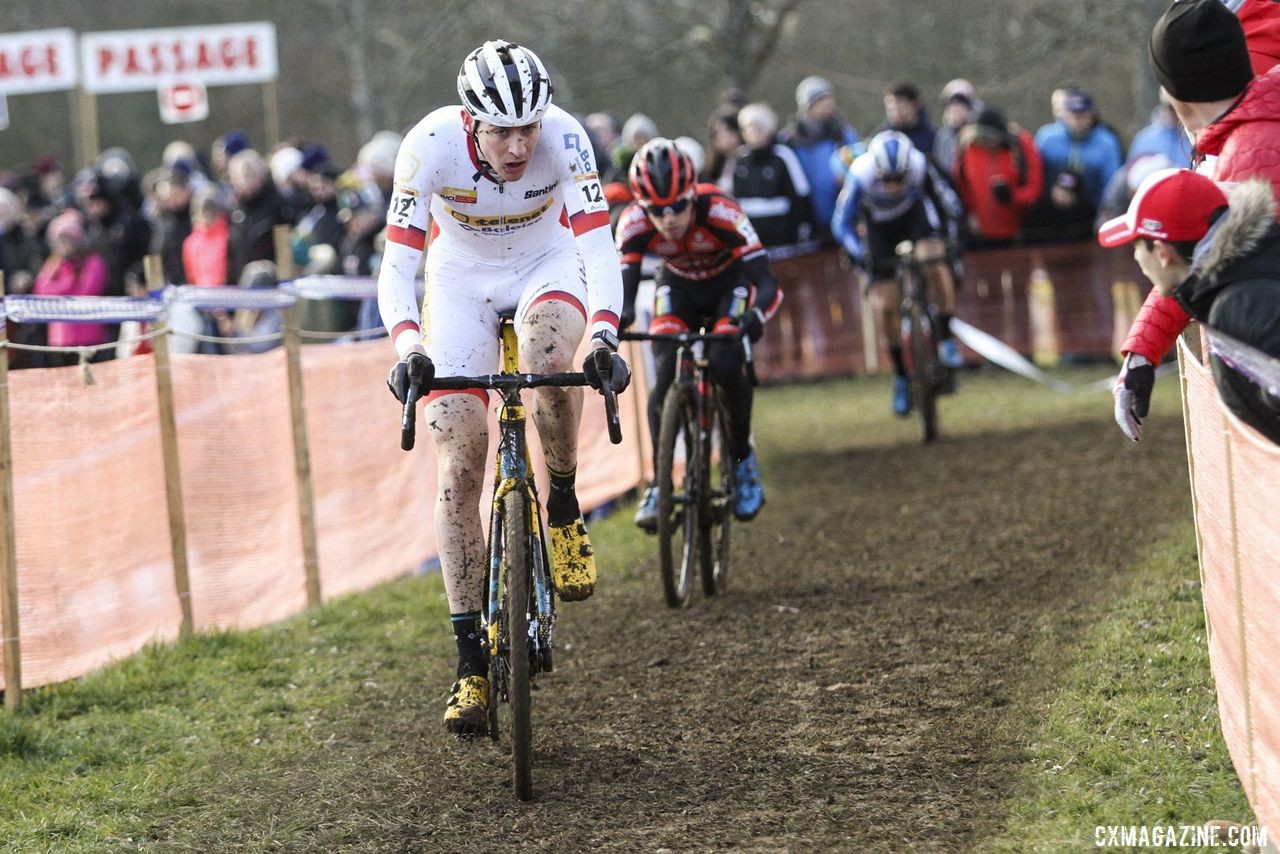 Toon Aerts leads Eli Iserbyt and Tim Merlier early in the race. 2020 World Cup Nommay, France. © B. Hazen / Cyclocross Magazine