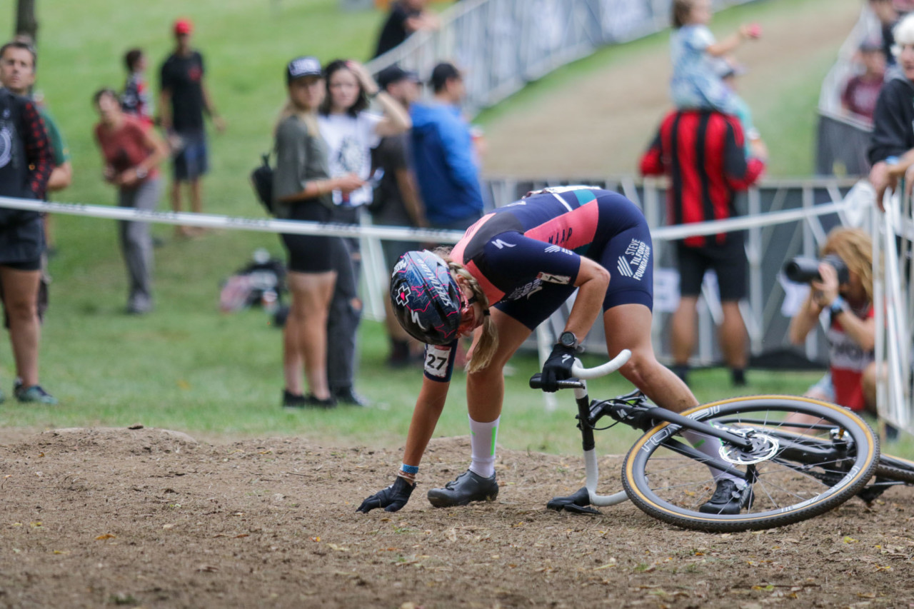 Raylynn Nuss got back up to finish 27th. 2021 UCI Cyclocross World Cup Waterloo, Elite Women. © D. Mable / Cyclocross Magazine