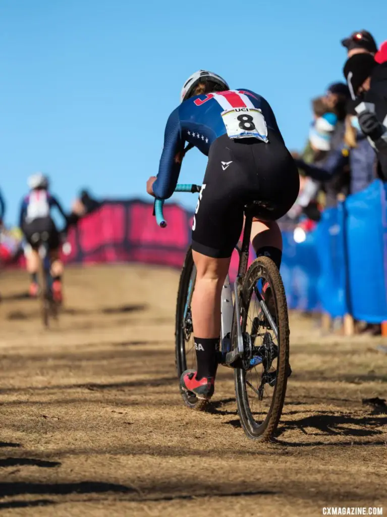 Kiera Bond chases her teammate. Junior Women, 2022 Cyclocross World Championships, Fayetteville, Arkansas USA. © G. Gould / Cyclocross Magazine