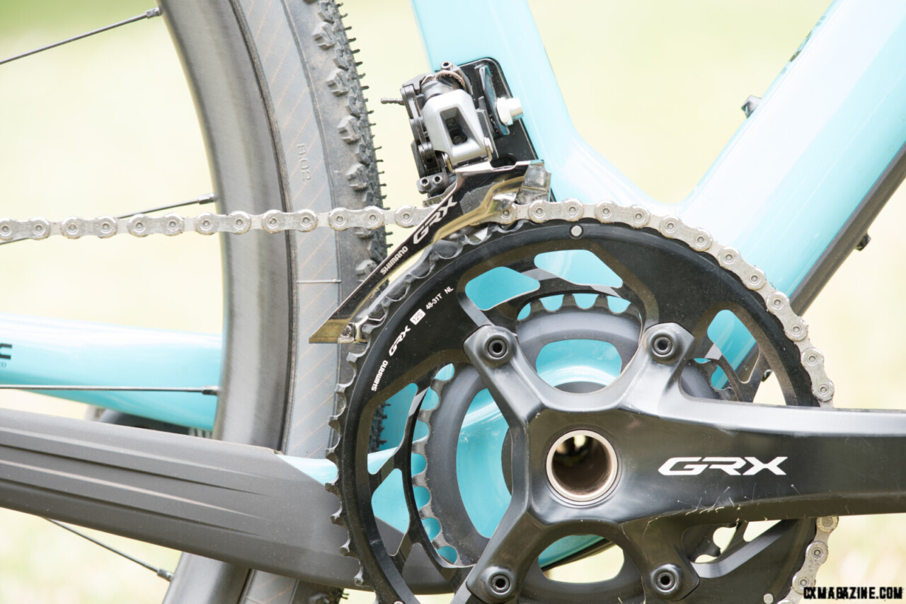 Shimano 820 GRx double chainset and GRx 820 mechanical front derailleur.