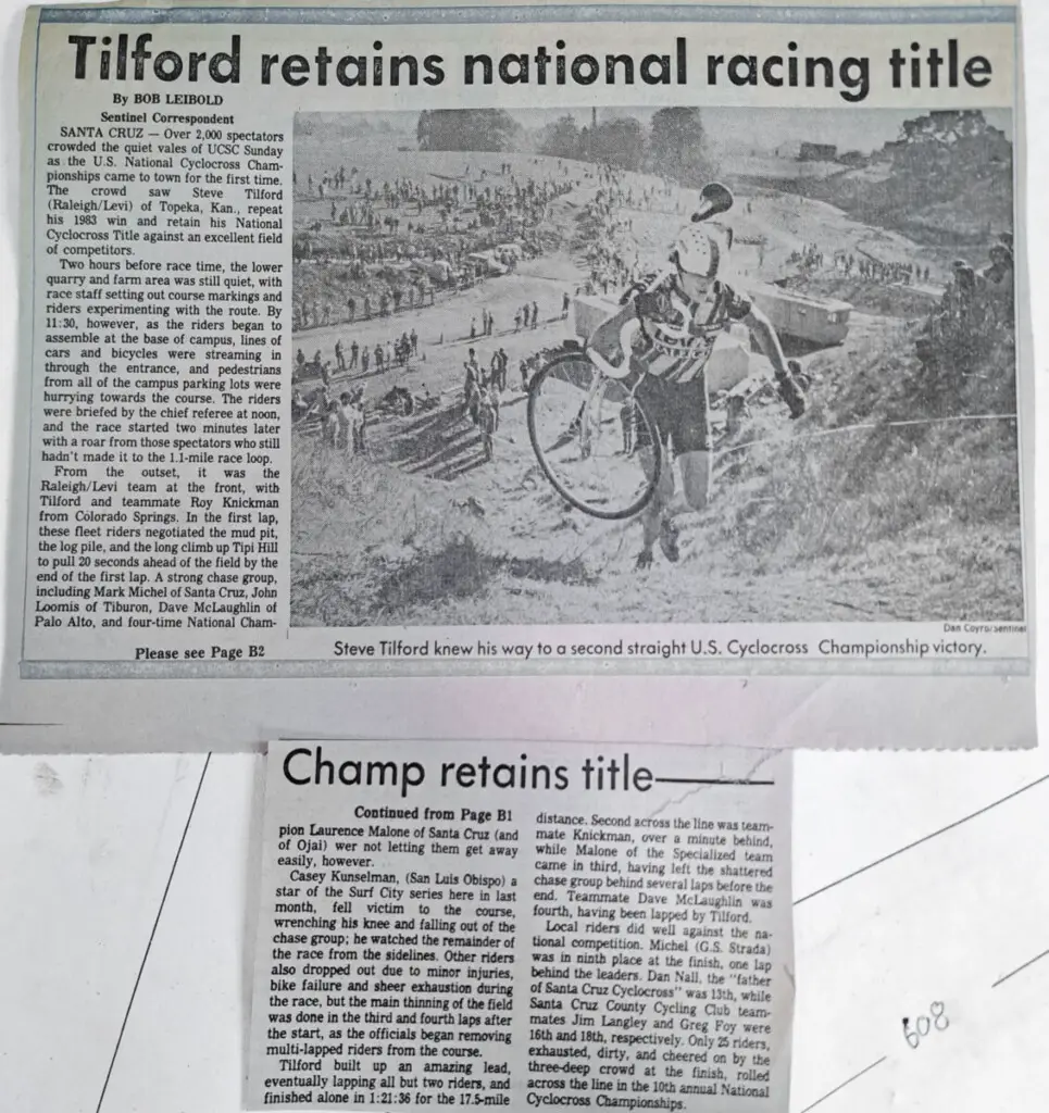 The 1984 USCF Cyclocross Nationals was held on the UCSC campus in Santa Cruz and won by Steve Tilford.