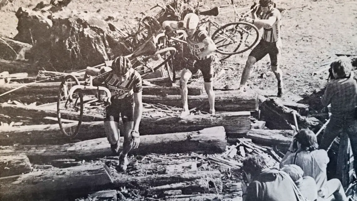 The 1984 USCF Cyclocross Nationals was held on the UCSC campus in Santa Cruz and won by Steve Tilford. Photo from Feb 1985 Velonews.