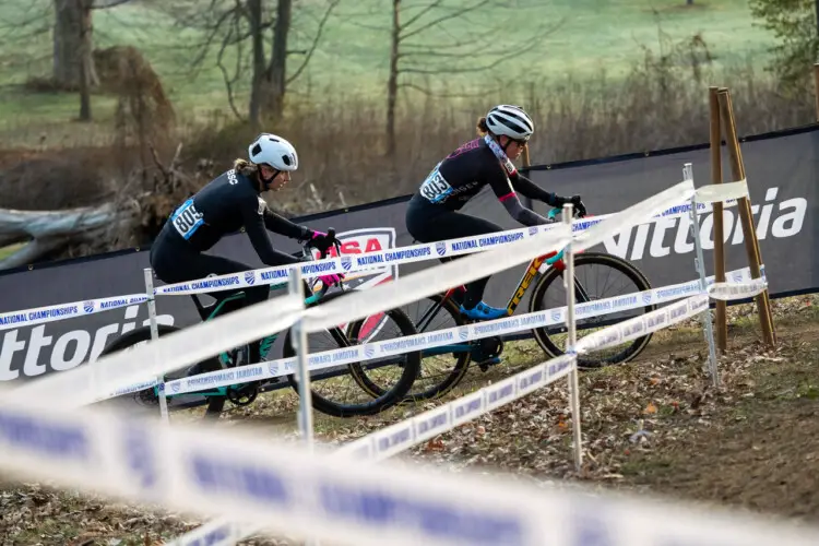 Erin Gordon (803) and Alice Perryman (809) competing in the 2024 USA Cycling Cyclocross National Championships bicycle race at Joe Creason Park in Louisville, Kentucky. Friday, December 13, 2024. Photo: Jason Whitman/Whitfoto.com