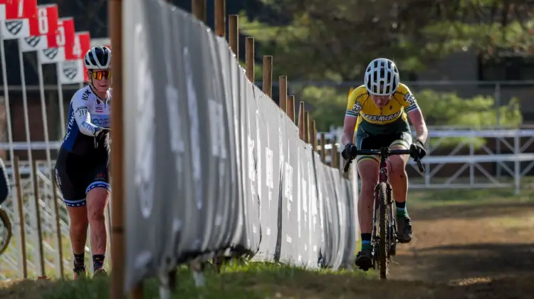 Riders on both sides of the pit at the 2024 USA Cycling Cyclocross National Championships bicycle race at Joe Creason Park in Louisville, Kentucky. Saturday, December 14, 2024.